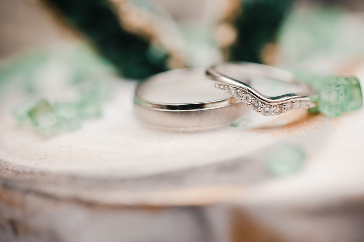 Close up image of two silver wedding rings on top of a cake with green decorations in soft focus