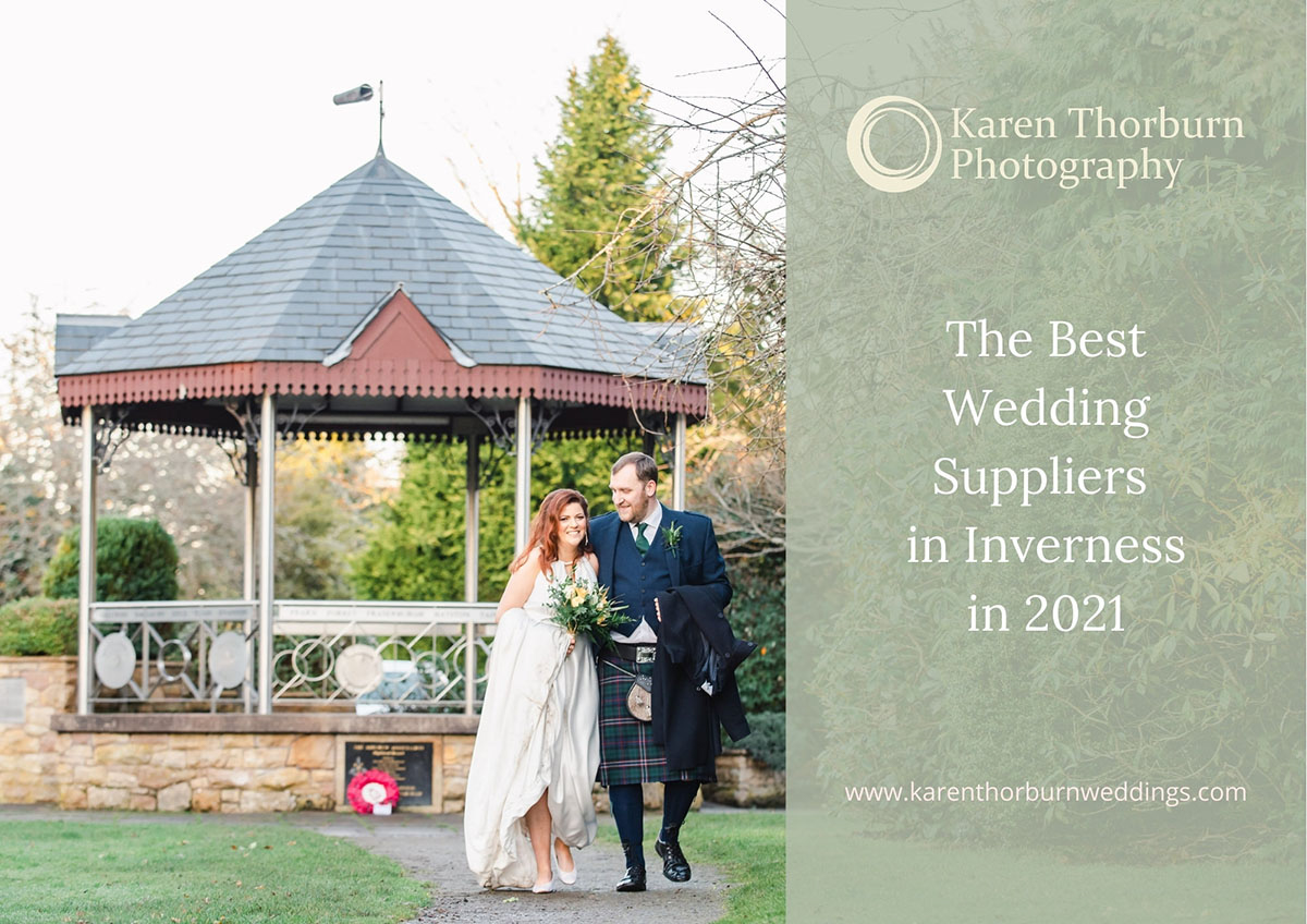 Graphic promoting the best wedding suppliers in Inverness with a photo of a bride and groom walking in front of a bandstand